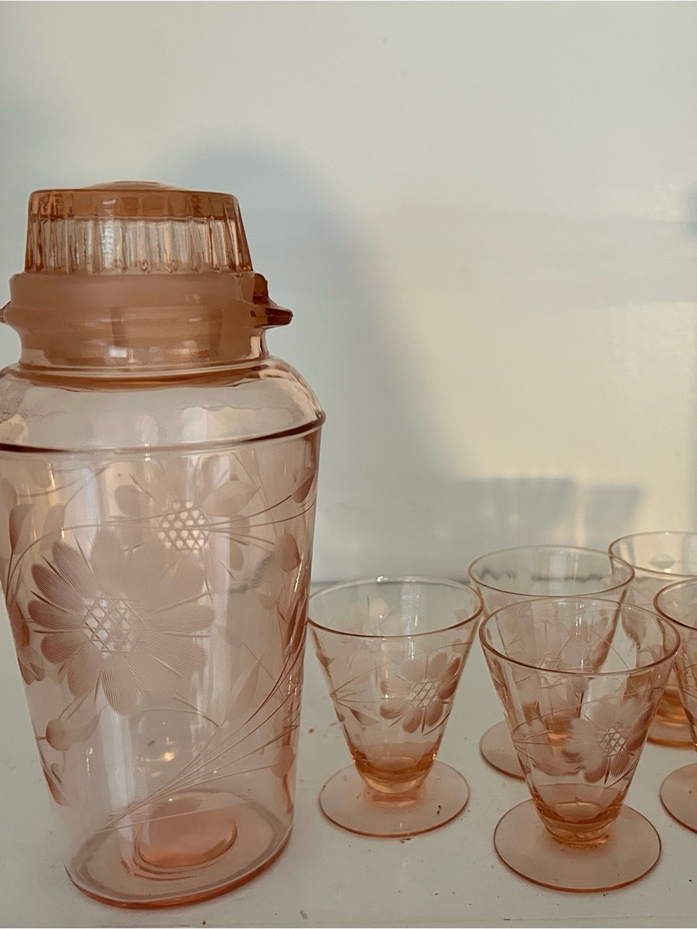 Vintage Pink Etched Glass Cocktail Shaker & Shot Glass Set - 7 Pcs (Floral)